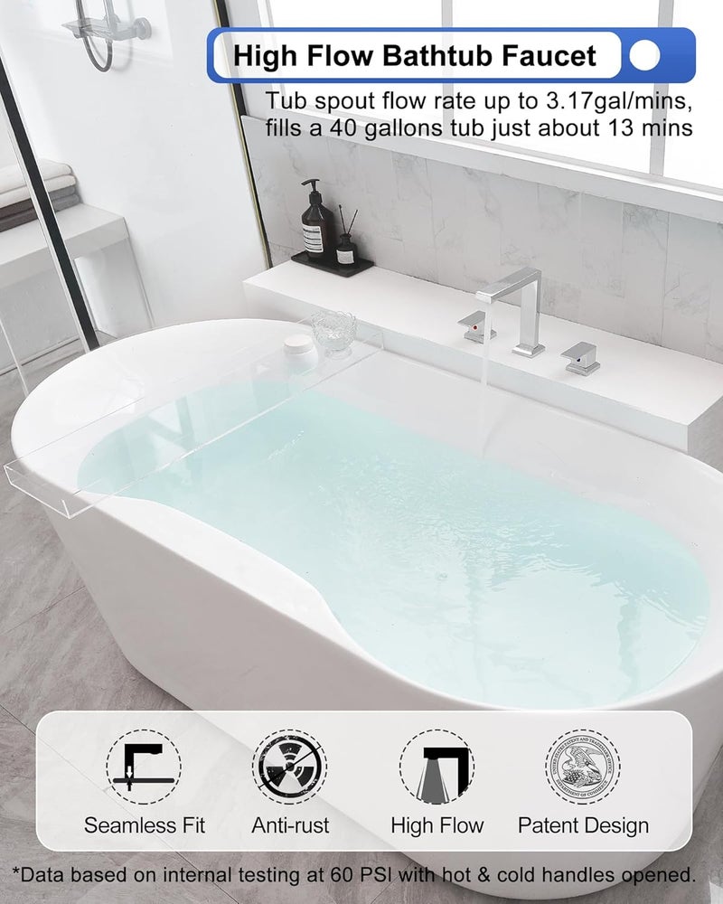 HEYMYTAP Chrome High Flow Roman Tub Faucet Set 3 Hole, Solid Brass Deck Mount Bathtub Faucets 2 Handle, No Dripping Water Supply Line - Image 2
